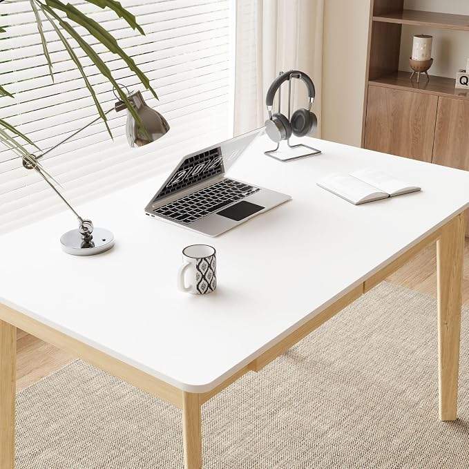 Timechee 47 Inch Compact Computer Gaming Desk, White Study Work Office Desk with 2 Storage Drawers, Rectangular Study Reading Table, Simple Computer Writing Table for Home Office, Living Room