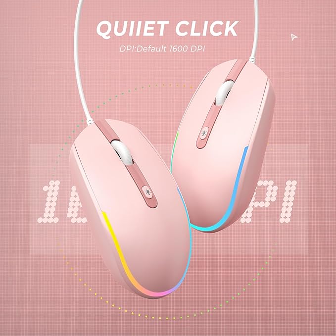 seenda Wired Mouse - USB Corded Mouse with Colorful RGB Backlit, Plug and Play, 1600 DPI Optical Tracking，Silent Computer Mouse for Laptop, PC, Chromebook, Desktop, Office, School, Home, Pink