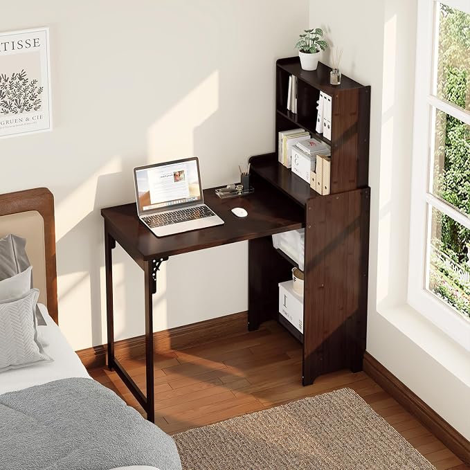 Bamboo Folding Desk with Bookshelf, Space-Saving Foldable Computer Desk with Storage Shelves for Small Spaces, Writing Study Table for Home Office, Bedroom, Dorm, Apartment, Brown