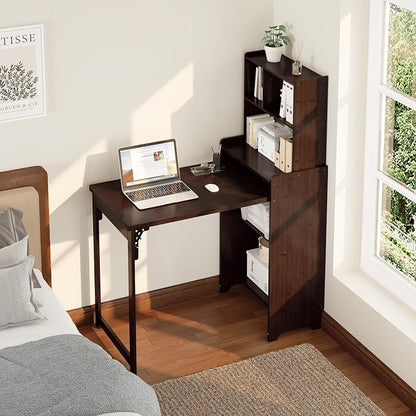 Bamboo Folding Desk with Bookshelf, Space-Saving Foldable Computer Desk with Storage Shelves for Small Spaces, Writing Study Table for Home Office, Bedroom, Dorm, Apartment, Brown