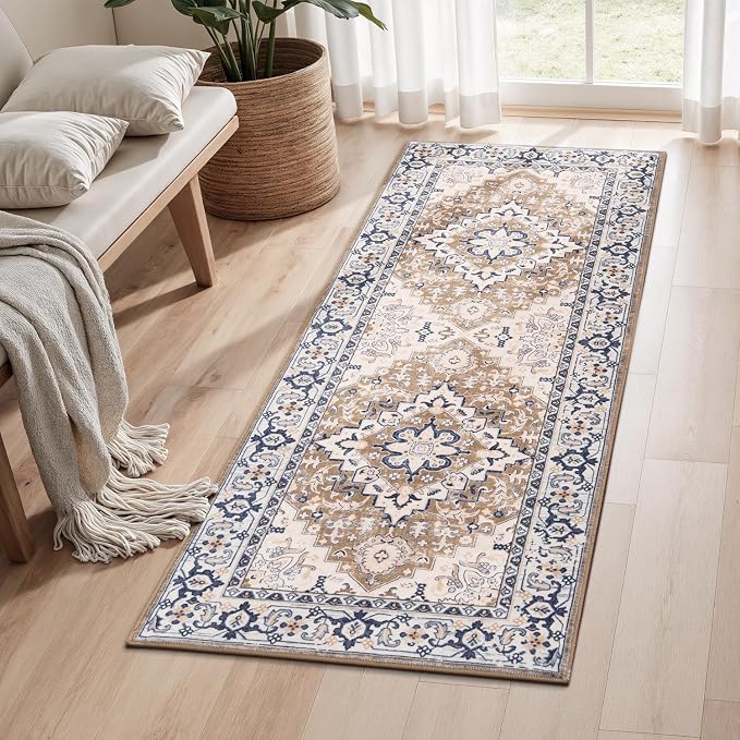 Lofus 2x5 Runner Rug for Hallways, Washable Kitchen Rugs, Non-Slip Rugs for Entryway and Bedroom, Vintage Boho Carpet, Soft Low Pile Long Runner Area Rug, Floral Brown