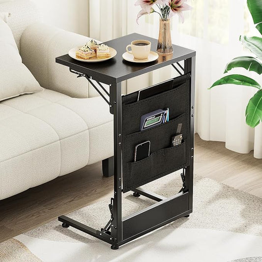 Folding TV Tray Table, 28.8" Tall C-Shaped Side Table for Couch and Bed, Slide Under Sofa Side Desk with Storage Bag - Sturdy Metal Frame Tray for Living Room, Bedroom, Home & Office (Black)