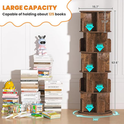 Besiost Rotating Bookshelf Tower, 5 Tier Spinning Bookcase, Revolving 360 Book Shelf Narrow Tall Bookcase, Vertical Turning Round Bookshelf Organizer, Corner Book Shelf for Small Space, Rustic Brown