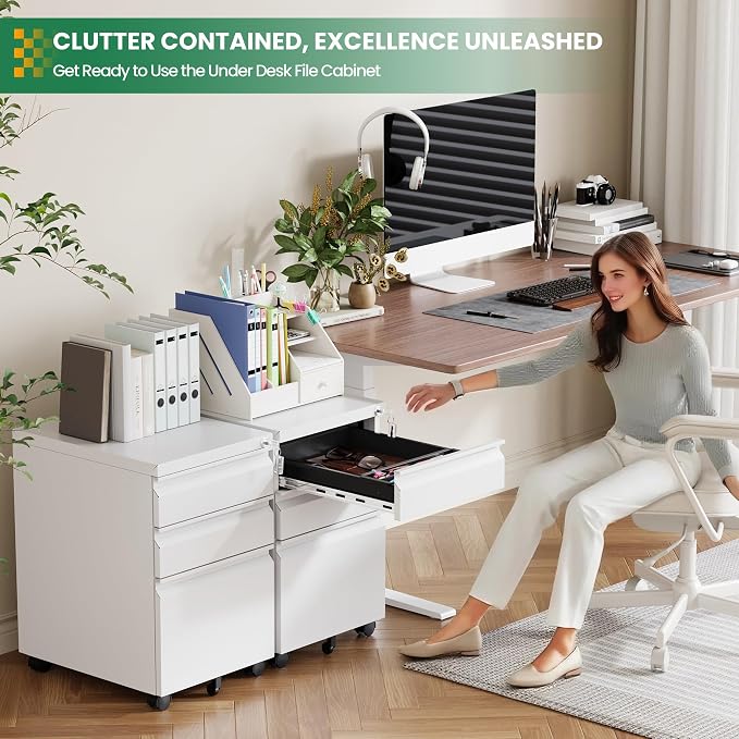 3 Drawer Mobile File Cabinet with Lock,Under Desk Filing Cabinet for Home Office, Metal Filing Cabinets on Wheels for Legal/Letter/A4 File, Fully Assembled Except Wheels, White