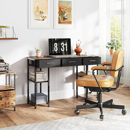 HOMCOM 47" Computer Desk with 3 Fabric Drawers, Home Office Desk with Adjustable Shelves, Small Writing Desk with Storage, Rustic Brown