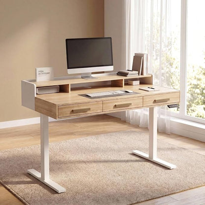 ModernMate Electric Standing Desk with 3 Drawers & Monitor Shelf, 48" Height Adjustable Sit Stand Desk with Storage, Home Office Computer Workstations for Small Space, Light Walnut