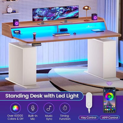 SEDETA Standing Desk with Storage, 55" Fluted Stand Up Desk with Power Outlets & LED Lights, Height Adjustable Table with Monitor Shelf for Home Office, Gaming, Brown + White