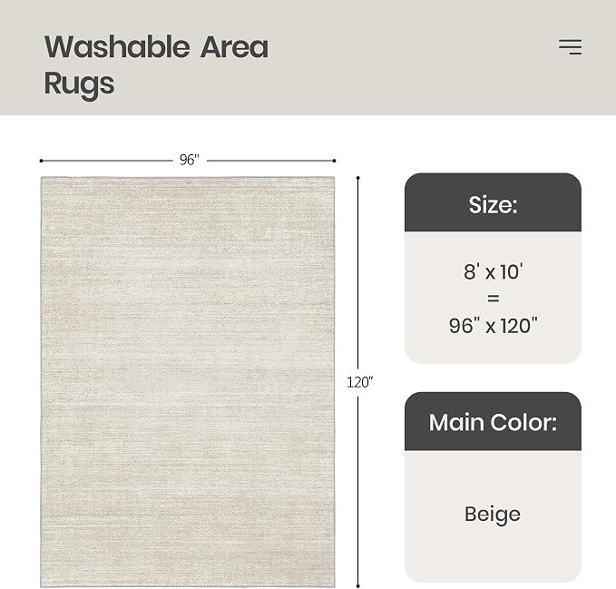 Valenrug Washable Rugs 8x10 - Stain Resistant 8x10 Area Rugs for Living Room, Non Slip Backing Printed Large Area Rugs for Bedroom, Folable Machine Washable Area Rug (8'x10', Beige)