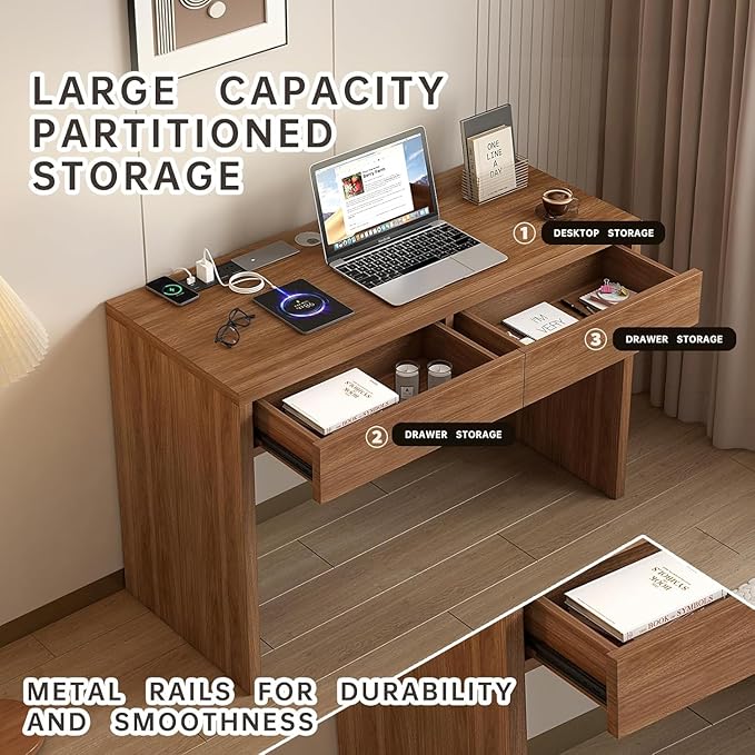 Computer Desk with Charging Station, 47 Inch Industrial Writing Desk with Outlets & Type-C/USB Ports, Home Office Desk with 2 Drawers & File Storage, Rustic Brown Study Table Executive Workstation