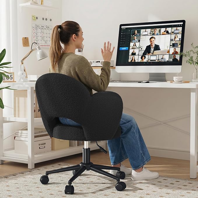 Homkdom Desk Chair with Wheels, 3.94" Thick Comfy Petal Vanity Chair, Swivel Armless Chair with Open Back and Adjustable Height, Ideal for Makeup Study Work and Relaxation, Black
