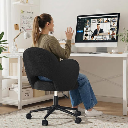 Homkdom Desk Chair with Wheels, 3.94" Thick Comfy Petal Vanity Chair, Swivel Armless Chair with Open Back and Adjustable Height, Ideal for Makeup Study Work and Relaxation, Black