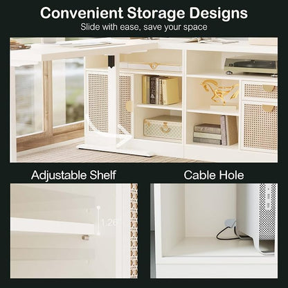 ModernMate Modern Wood Accent Cabinet with Sliding Door, Adjustable Open Shelves & Gold Handle Storage Cabinet for Home Office, 31W*20D*29H, White Rattan