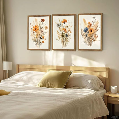 Vintage Wildflower Framed Canvas Wall Art Set of 3 – Rustic Botanical Floral Pictures Prints for Living Room Bedroom Bathroom, Retro Boho Wall Decor for Home Aesthetic 16x24 inch