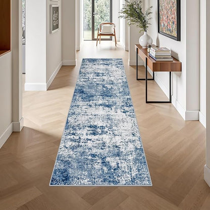 2.6'x10' Runner Rug Washable Rug: Modern Abstract Soft Thin Runner Rug Blue