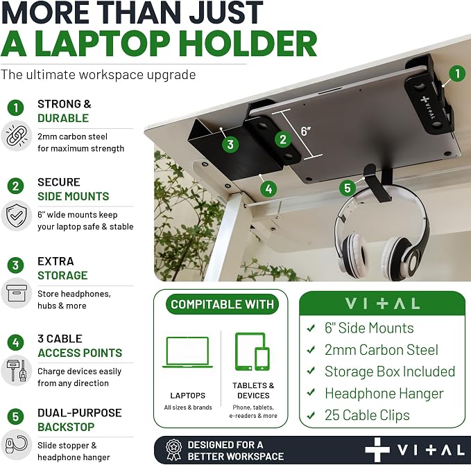 VI+AL Under Desk Laptop Mount - Hidden Metal Shelf with Side Storage, Hook & Cable Organizer - Installs with Tape & Screws - Fits Devices up to 1.7" Thick - Deluxe + LED (USB Light Strip & Remote)
