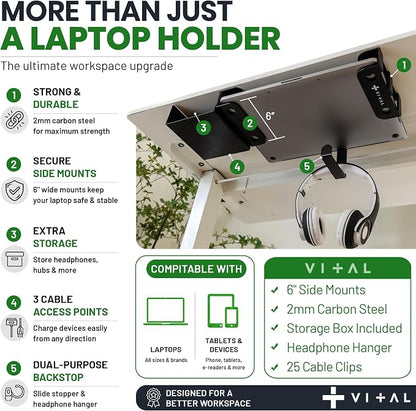 VI+AL Under Desk Laptop Mount - Hidden Metal Shelf with Side Storage, Hook & Cable Organizer - Installs with Tape & Screws - Fits Devices up to 1.7" Thick - Deluxe