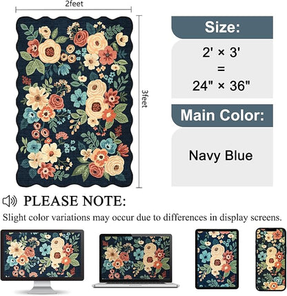 DUKINO 2x3 Entryway Rug, Floral Washable Indoor Door Mat with Non-Slip Backing, Soft Low Pile Small Front Door Throw Rugs for Entryway, Kitchen, Bedroom, Laundry, Bathroom, Navy Blue