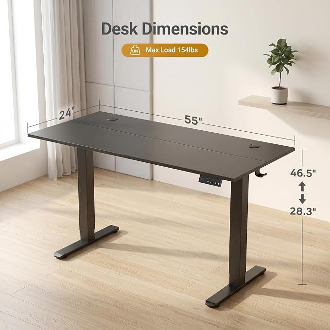 Claiks Electric Standing Desk 55 x 24 Inches, Motorized Sit Stand Desk with 3 Memory Presets & Cable Management, Spacious Ergonomic Computer Workstation for Dual Monitors & Gaming Setup, Black