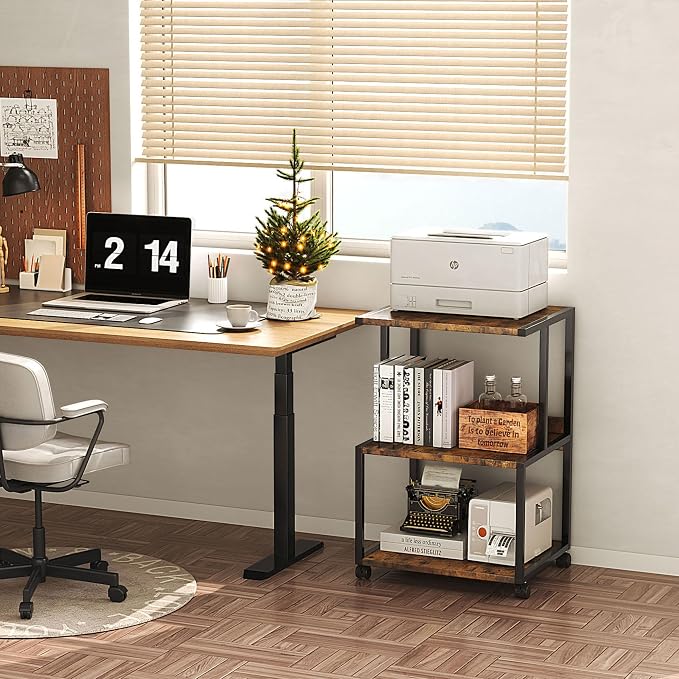 Mexin Printer Stand-Small 3 Tier Printer Table with Wheels, Industrial Rolling Printer Cart with Storage Shelf for Scanner Fax Home Office Use,17.5 x 11.8 Inches, Rustic Brown