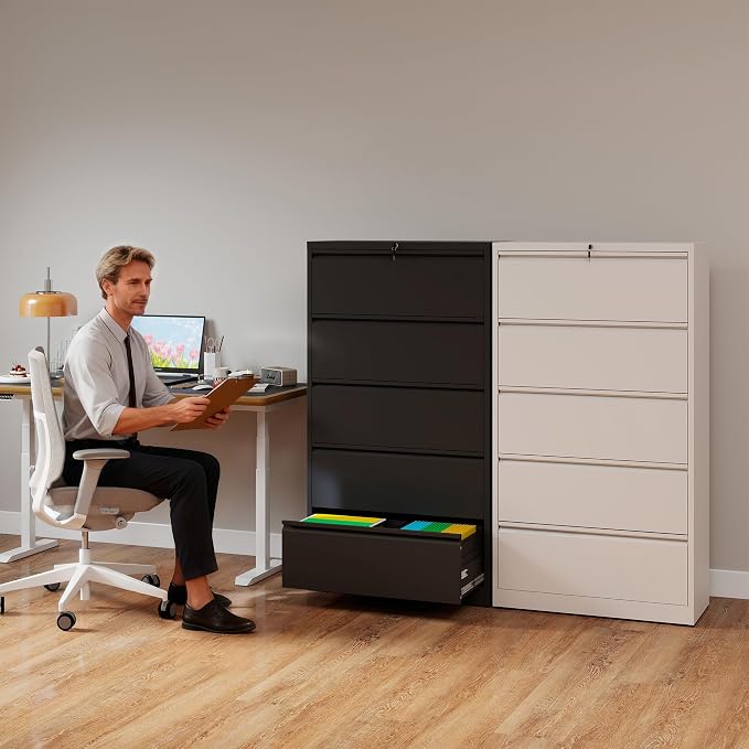5 Drawer File Cabinet with Lock, Lateral Filing Cabinets, Metal Storage Filing Cabinets for Home Office, Heavy Duty File Cabinet for Letter/Legal/A4/F4 Size Assembly Required, Black