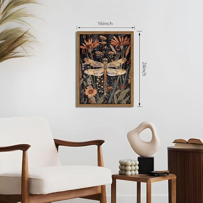 Vintage Framed Dragonfly Wall Art, Dark Academia Insect Art Print, Modern Farmhouse Wall Decor, Botanical Floral Canvas, Rural Dragonfly Painting Artwork for Bedroom Living Room 16x24 inch