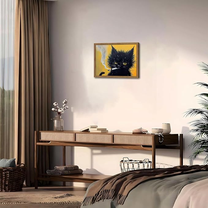 Vintage Black Cat Wall Art, Black Cat Painting Portrait Wall Decor, Mens Room Canvas Print Poster, Cool Animals Picture Art for Bathroom Decor 12x16 inch Wood Framed