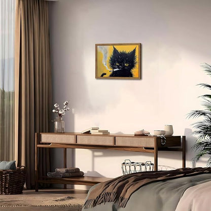 Vintage Black Cat Wall Art, Black Cat Painting Portrait Wall Decor, Mens Room Canvas Print Poster, Cool Animals Picture Art for Bathroom Decor 12x16 inch Wood Framed