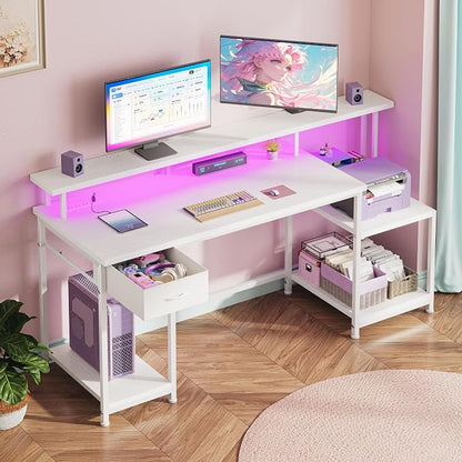White Office Desk with 55" Long Monitor Stand and 18" Ample Printer Space, Computer Desk With RGB Lights and 3 AC Power Outlets, Zoned Storage Drawer and File Shelves, Study Desk, Writing Desk