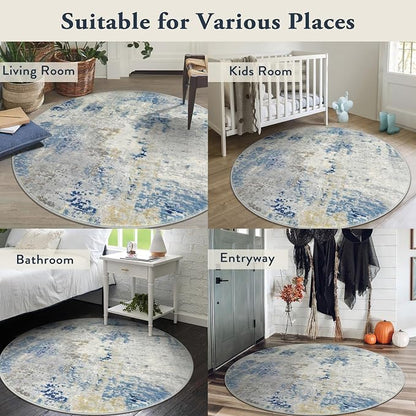Lahome Modern Abstract Round Rug 4Ft, Blue Washable Front Door Mat Soft 4x4 Circle Rug for Entryway Bedroom Non Slip, Contemporary Indoor Floor Carpet for Living Room Sofa Bedroom Nursery Decor