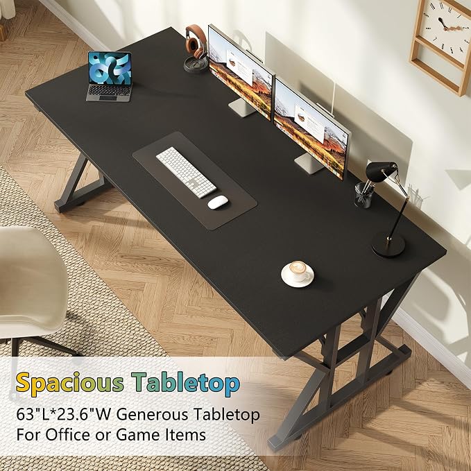 TVU 63-Inch Executive Desk, Large Office Desk with Thicken Frame, Computer Desk Modern Simple Desk for Home Office, Black