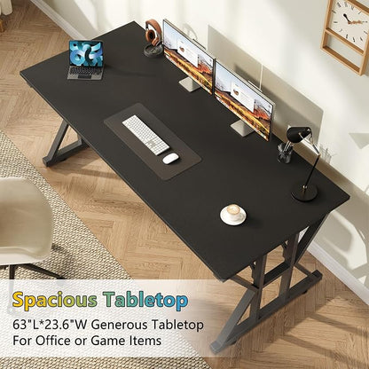 TVU 63-Inch Executive Desk, Large Office Desk with Thicken Frame, Computer Desk Modern Simple Desk for Home Office, Black