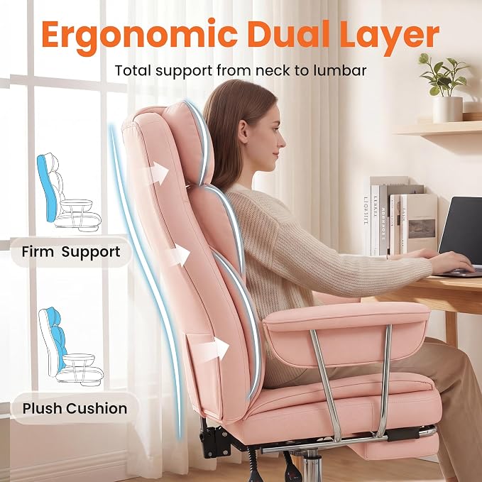 NEO CHAIR Big and Tall Office Chair Gaming Computer Chair High Back Heavy Duty Desk Chai with Lumbar Support Adjustable Recliner Footrest Wide Seat Leather Executive Home with Wheels (Leather Pink)