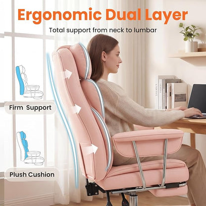 NEO CHAIR Big and Tall Office Chair Gaming Computer Chair High Back Heavy Duty Desk Chai with Lumbar Support Adjustable Recliner Footrest Wide Seat Leather Executive Home with Wheels (Leather Pink)