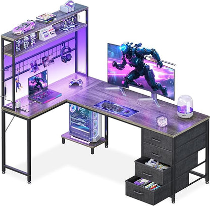 AODK L Shaped Gaming Desk with Hutch, 59" Computer Desk with 4 Drawers & Storage Shelves, Reversible Corner Desk with LED Light & Power Outlets, Gamer Table for for Home Office, Gray Oak