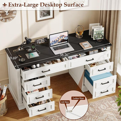 58" Executive Desk with 7 Drawers, Large Computer Desk with Charging Station , Wood Home Office Desk with File Drawer for Letter/A4 Size Hanging Files for Home Office,Rustic White and Rustic Black