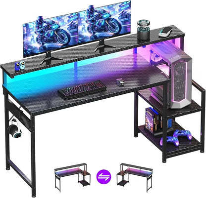 AODK 55 Inch Gaming Desk with LED Lights, Computer Desk with Storage Shelves, Reversible Desk with Monitor Stand, Carbon Fiber Black