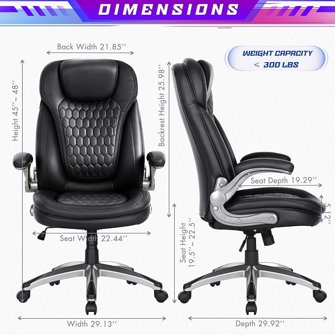 Ergonomic Executive Office Chair, High Back Leather Desk Chair with Flip-up Arms and Adjustable Height, Swivel Rolling Computer Chair with Heavy Duty Metal Base,300lbs,Black for Home Office or Study