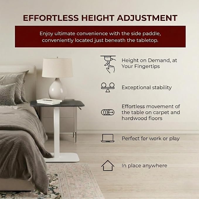 Elevance Height Adjustable Side Table, White Base, Carbon Black Top | Sofa Laptop Table for Couch & Bed | Small C-Shape End Table for Home or Office