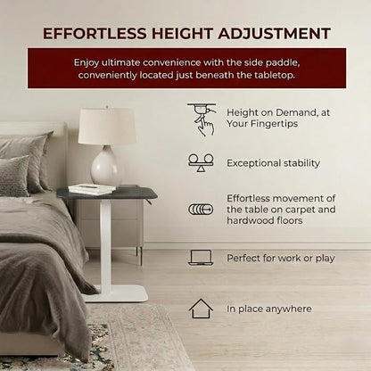 Elevance Height Adjustable Side Table, White Base, Carbon Black Top | Sofa Laptop Table for Couch & Bed | Small C-Shape End Table for Home or Office