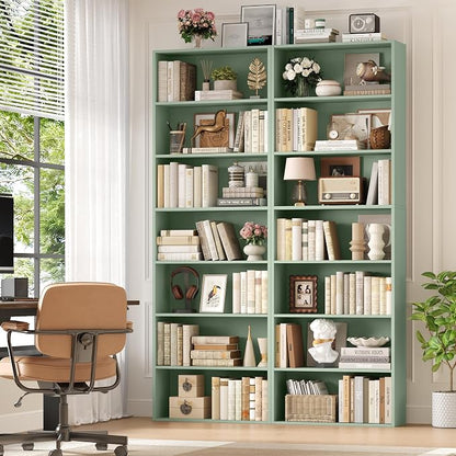 FACBOTALL 82" Tall Bookshelf Set of 2, 7-Tier Double Open Shelves Bookcase,Freestanding Display Storage Shelves, Tall Bookcase Home Decor Furniture for Home Office,Living Room,Bedroom, Green