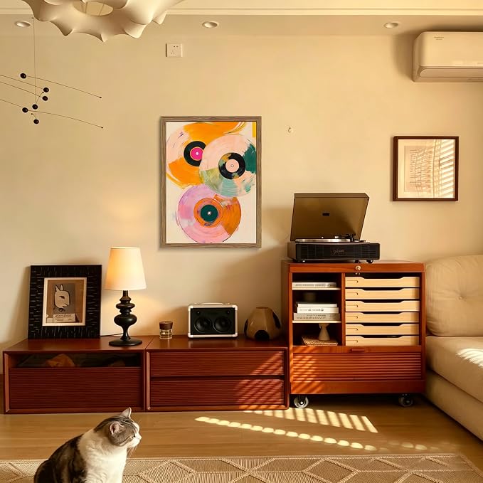 Vintage Vinyl Record Wall Art - Framed Canvas Music Decor for Living Room & Studio, Colorful Abstract Oil Painting in Wood Frame, Retro Record Player Print for Bedroom 16x24 inch
