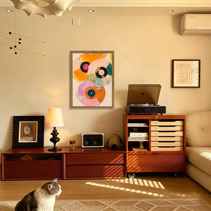 Vintage Vinyl Record Wall Art - Framed Canvas Music Decor for Living Room & Studio, Colorful Abstract Oil Painting in Wood Frame, Retro Record Player Print for Bedroom 16x24 inch
