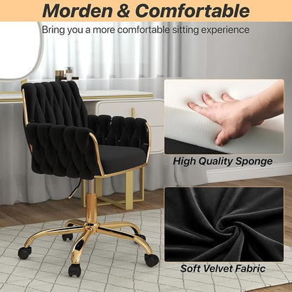 Velvet Modern Home Office Vanity Chair, 360° Swivel Adjustable Height Makeup Desk Chair with Golden Base and Hand Woven Backrest for Bedroom/Study/Vanity (Black)