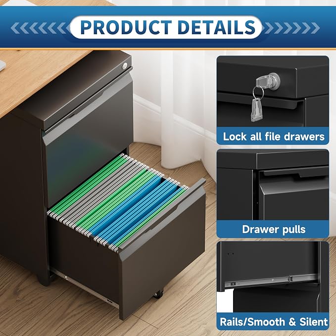 2 Drawer File Cabinet with Lock,Under Desk Storage Metal Filing Cabinet for Legal/Letter/A4 File,Mobile Rolling for Home Office -Black