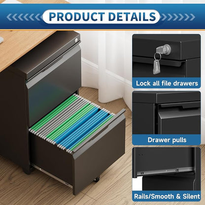 2 Drawer File Cabinet with Lock,Under Desk Storage Metal Filing Cabinet for Legal/Letter/A4 File,Mobile Rolling for Home Office -Black
