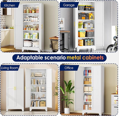 erosoei 71" H Metal Garage Storage Cabinet, Metal Pantry Cabinet with 2 Doors, Locker Steel Cabinet with 4 Adjustable Shelves, Freestanding Cupboard for Garage,Office,Home,Gym,School