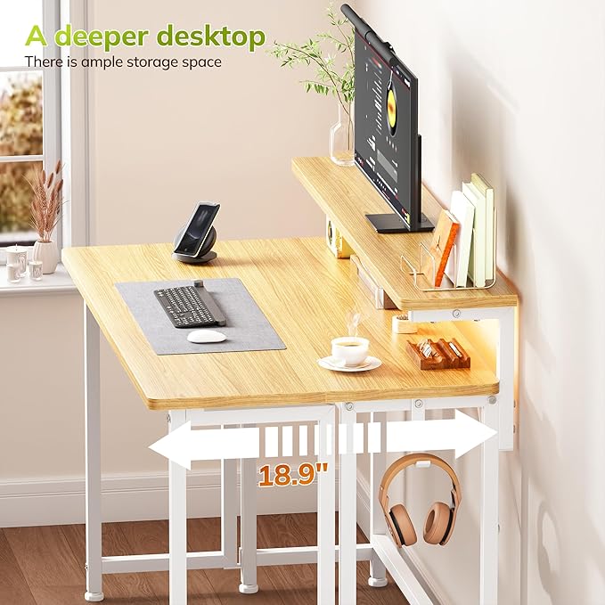 DurayLoly Folding Table with RGB Light for Small Space, 31.5" Folding Computer Desk for Space Saving Sofa Table for Couch, Home Work Office Desk with Monitor Stand, Easy to Fold with Hooks, Oak