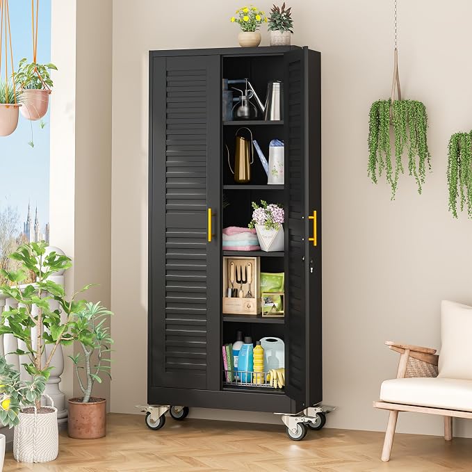 71’’H Metal Garage Storage Cabinet with Wheels, Metal Storage Cabinet with Louvered Doors, Rolling Tool Cabinet with Adjustable Shelves, Large Utility Cabinet for Office,Garage,Kitchen（Black）