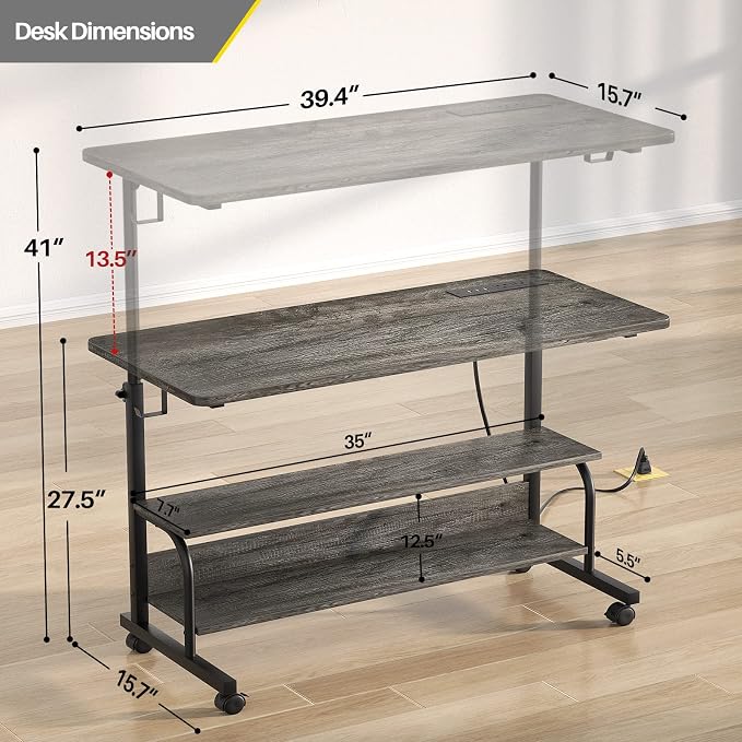 Armocity Rolling Standing Desk with Charging Station, Portable Height Adjustable Mobile Computer Desk with Wheels & 2-Tier Shelves & Hooks, Easy Assembly Laptop Table for Couch Bed, 39" Grey Oak