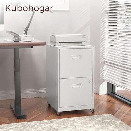 2 Drawer Mobile File Cabinet with Lock, White Metal Filing Cabinets with Wheels, Vertical Rolling File Cabinet Fit Hanging Files, Letter and A4 Documents